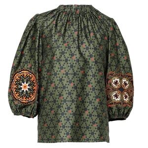 Emily Lovelock Lily Olive black orange Embroidered jewel button elastic L blouse